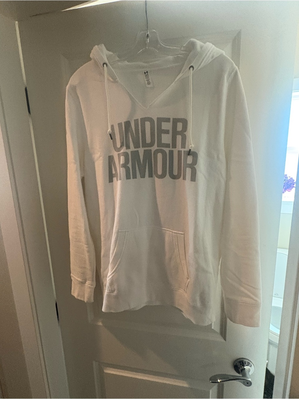 LG White Women’s Scoop Neck Hoodie Sweater with Gray Logo
